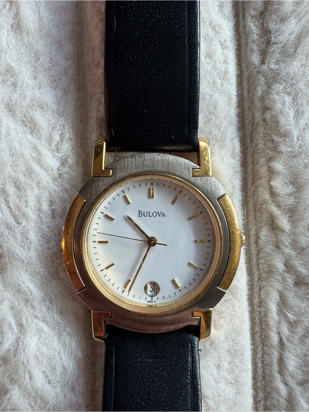 Vintage Bulova Two-Tone Quartz Watch White Dial Date Black Leather Strap 98G13